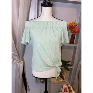 Liberty Love size Small Light Mint Green Off Shoulder Short Sleeve Front Tie Top